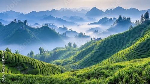 Scenic Hillside Plantations with Misty Mountain View