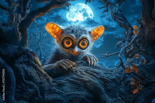 Hyper realistic wild animals, Surreal Creature in Moonlit Forest Scene