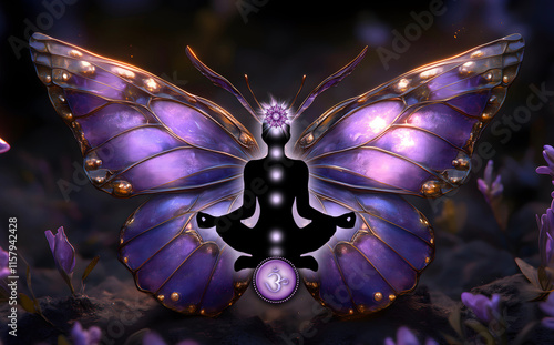 Crown Chakra (Sahasrara) Meditation. Human silhouette in yoga lotus pose, 7 Chakras Symbols, mystical violet butterfly background. Inspiration for meditation, transformation, chakra energy healing.