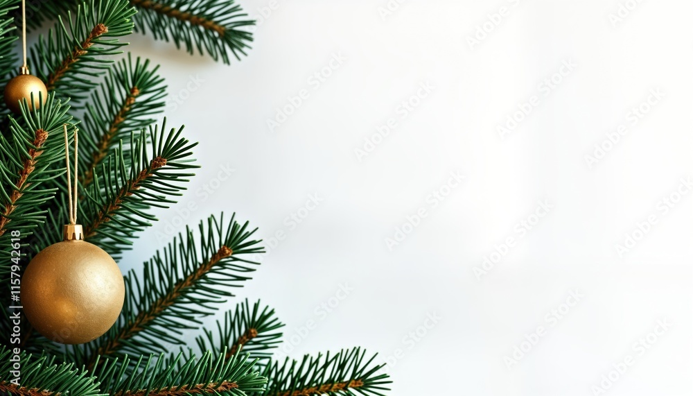 Christmas tree branches create border garland against transparent background. Gold baubles hang from branches. Simple but festive design. Image fits well for seasonal greeting cards websites. Great Christmas tree branches create border garland against transparent background. Gold baubles hang from branches. Simple but festive design. Image fits well for seasonal greeting cards websites. Great