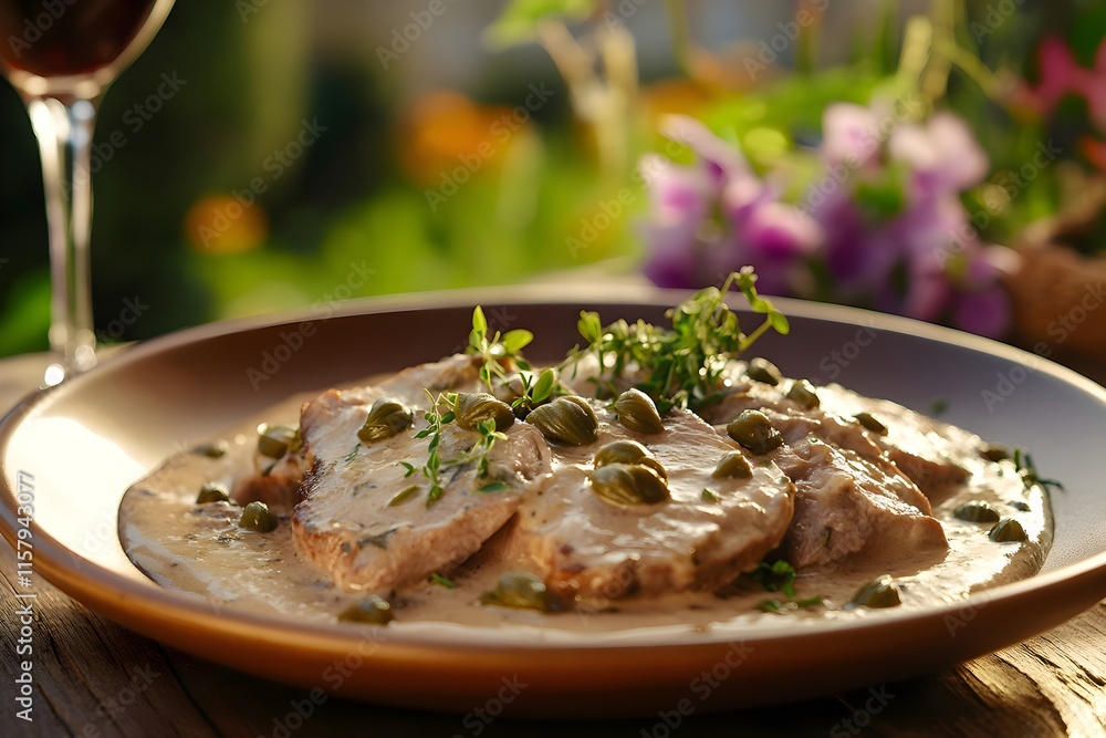 Close-Up of Vitello Tonnato: Tender Veal with Creamy Tuna Sauce and Capers in Italian Garden Setting