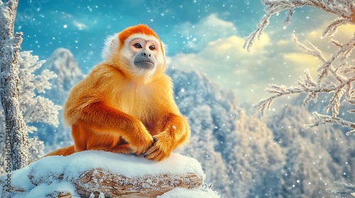 Hyper realistic wild animals, Golden Snub Nosed Monkey in Frosty Landscape photo