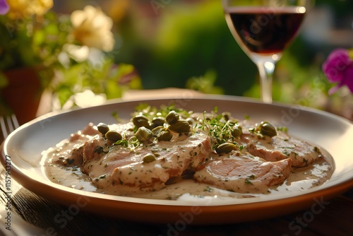 Close-up of Vitello Tonnato: tender veal slices with creamy tuna sauce and capers, on a rustic plate in a sunlit Italian garden, wine nearby