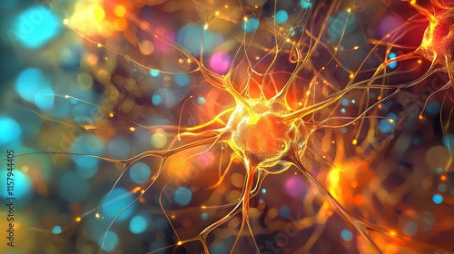 A vibrant depiction of a neuron, showcasing its structure and connections in a colorful manner. photo