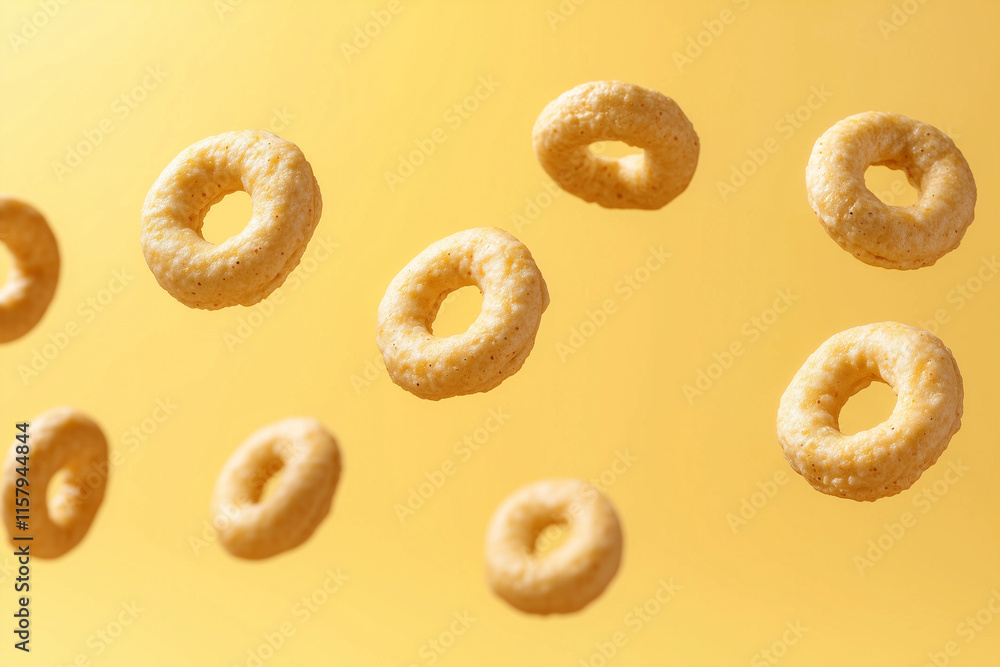 floating cheerios isolated on yellow background floating cheerios isolated on yellow background