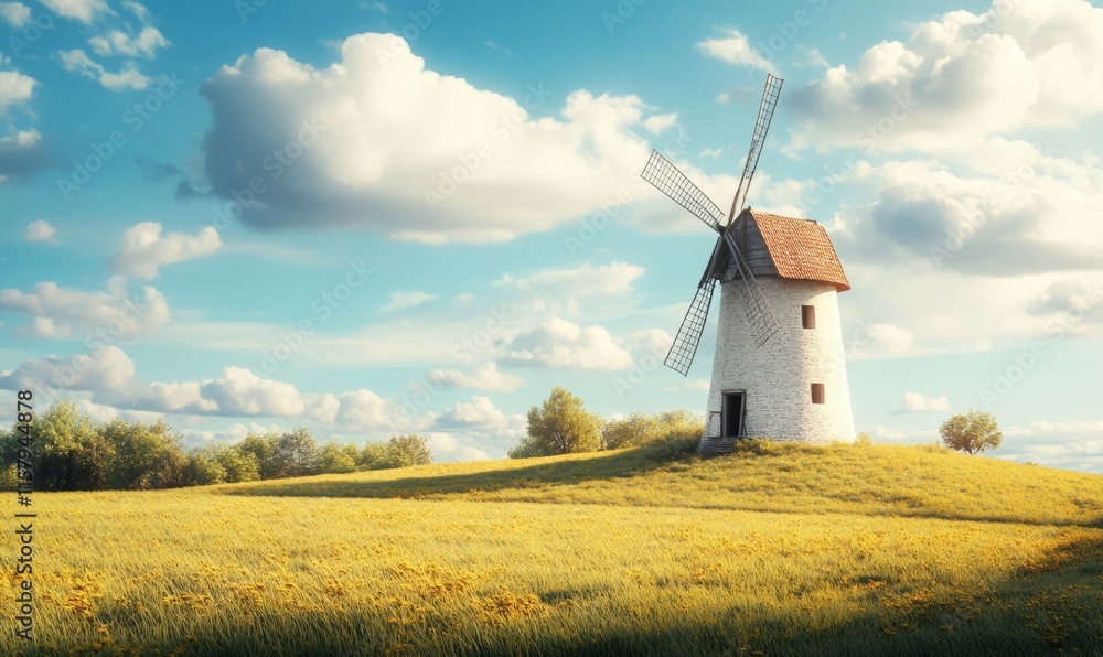 White mill on the grass of the field White mill on the grass of the field