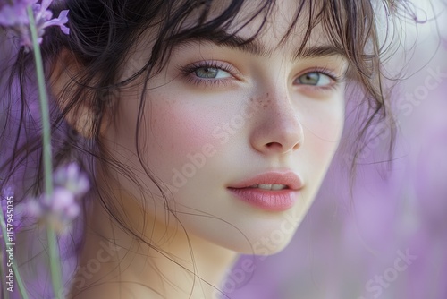 Young woman with delicate features poses amidst blooming lavender flowers in a serene outdoor setting during daylight photo