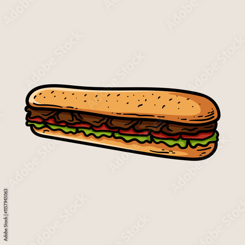 big beef sandwich with vegetables isolated colored drawing line art style sketch classic vintage design illustration