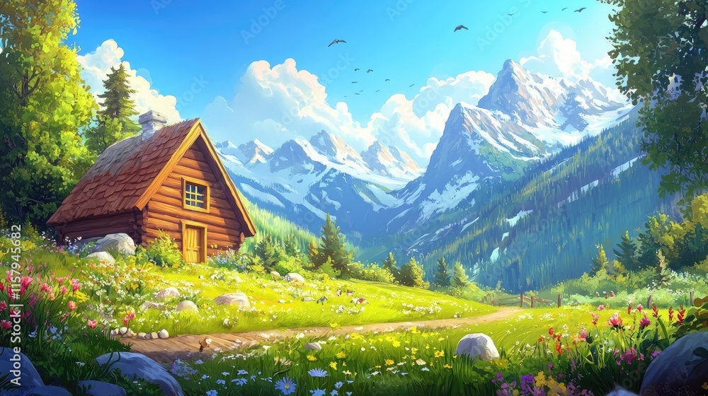 Fototapeta premium A Wooden Cabin Nestled Among Lush Green Fields and Majestic Snow-Capped Mountains Under a Bright Blue Sky