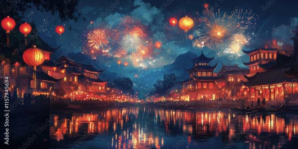 Festive fireworks celebration ancient town night scene vibrant atmosphere overlooking river cultural extravaganza Festive fireworks celebration ancient town night scene vibrant atmosphere overlooking river cultural extravaganza
