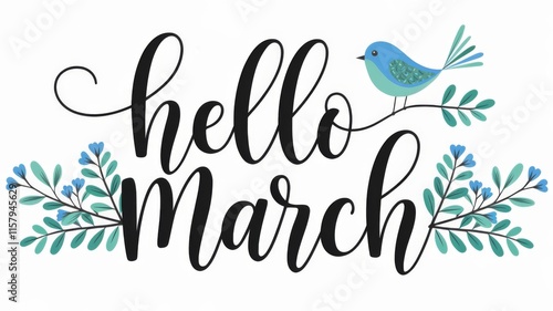 Hello March Spring Lettering with Spring leaves and bird Illustration on white background 