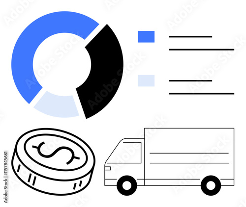 Pie chart with segments, line charts, coin with dollar sign, and delivery truck. Ideal for finance, logistics, business reports, data analysis transportation economy supply chain. Line metaphor