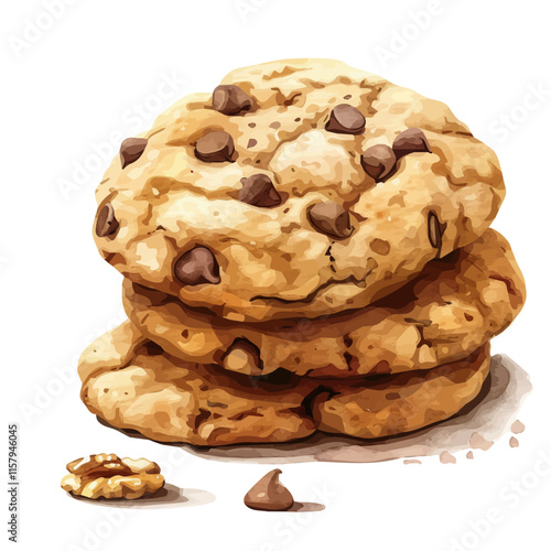 A watercolor vector painting of American chocolate chip cookies with walnuts, isolated on a white background. American chocolate chip cookies vector.

