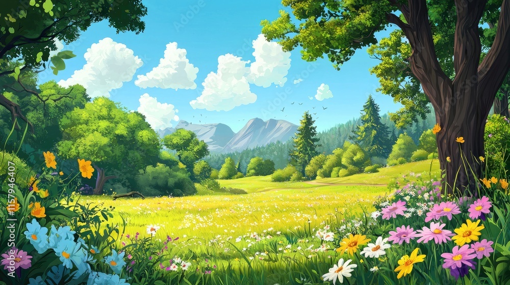 Fototapeta premium A Sunlit Meadow with Flowers and Mountains in the Distance