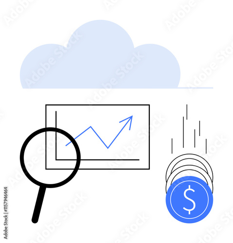 Magnifying glass over upward chart, blue coins dropping, cloud above. Ideal for financial analysis, business growth, cloud computing, investment strategies, economic projections, market research photo