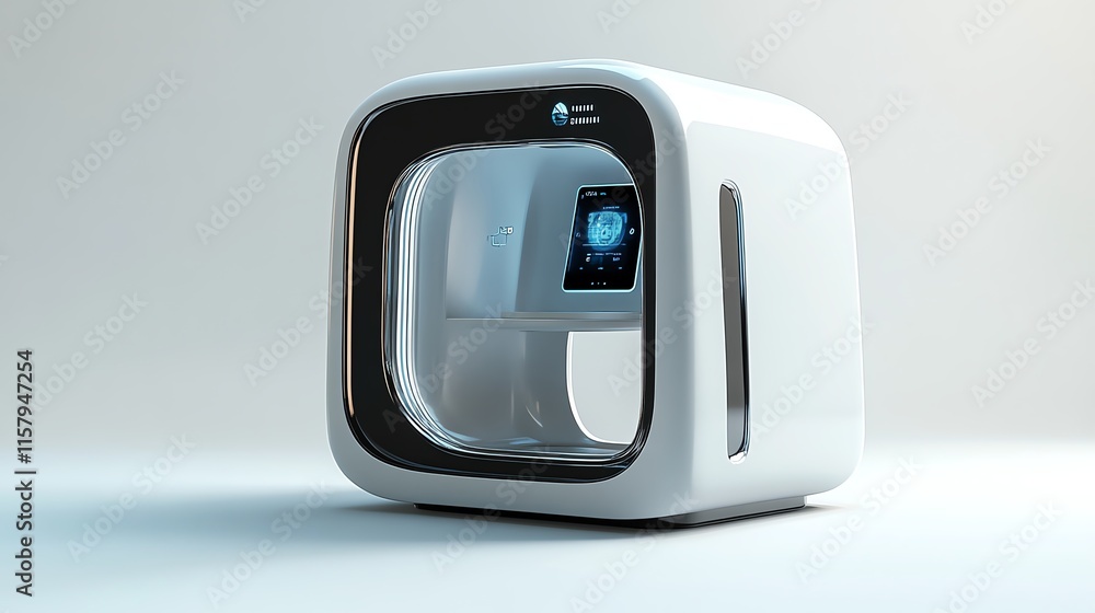 Futuristic white device with touchscreen interface on a white isolated background. Futuristic white device with touchscreen interface on a white isolated background.