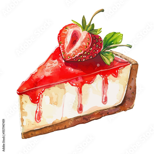 A watercolor vector painting of American cheesecake with strawberry topping, isolated on a white background. American cheesecake vector.

