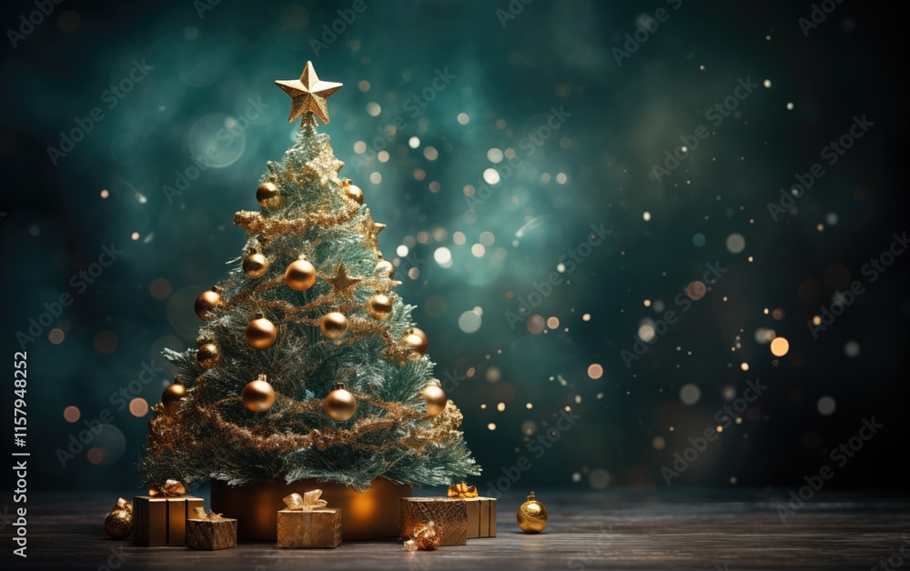 Generative AI of Glowing Christmas Tree with Gold Gifts for Holiday Product Photography, Winter Season Advertising, and Festive Commercial Content