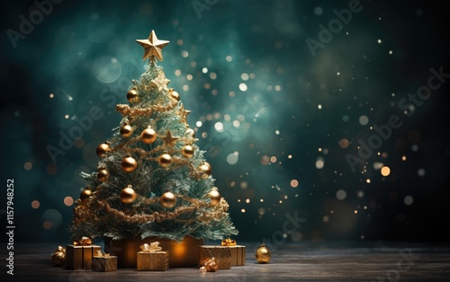 Obraz na płótnie Generative AI of Glowing Christmas Tree with Gold Gifts for Holiday Product Photography, Winter Season Advertising, and Festive Commercial Content w salonie
