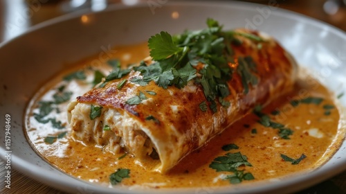 Smoky Alaskan Crab enchiladas in a creamy chipotle sauce, garnished with fresh cilantro  photo