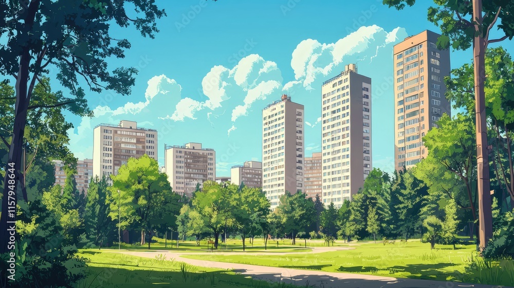 Obraz premium A Tranquil City Park with Tall Buildings and Lush Greenery on a Sunny Day