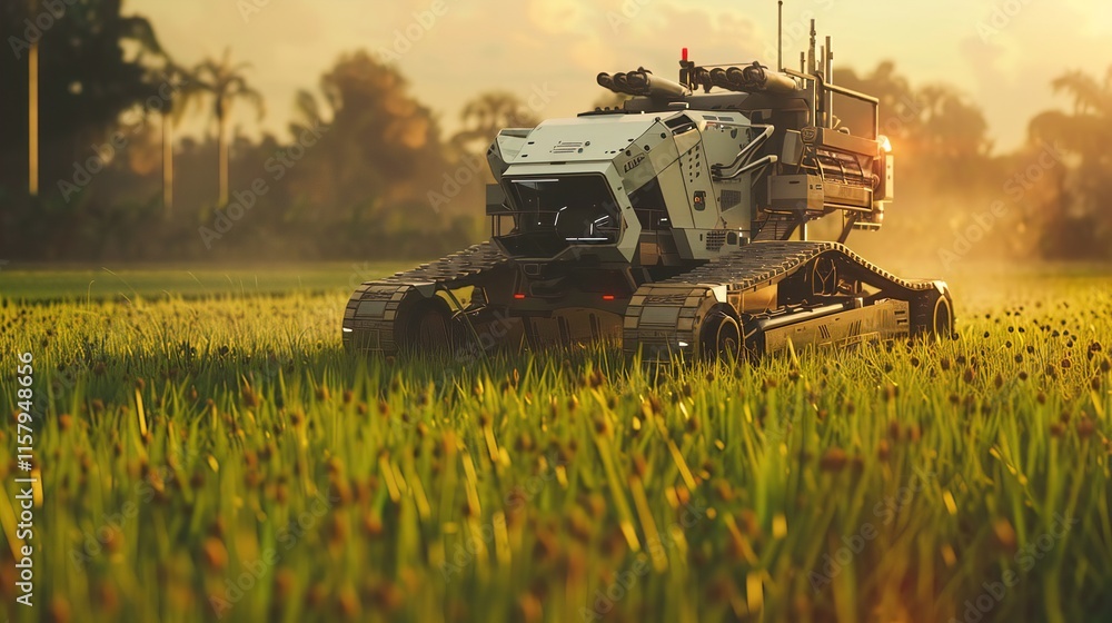 Fototapeta premium The image shows a futuristic agricultural robot with solar panels on its back, working in a lush green rice field, surrounded by trees and mountains under a bright blue sky.