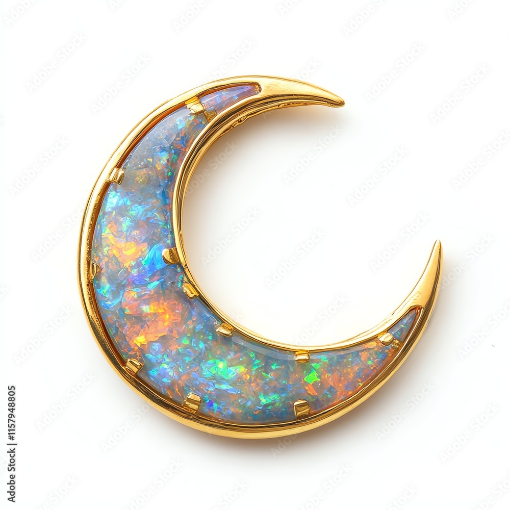 Gold crescent moon pendant with colorful opal stone, white isolate background. Gold crescent moon pendant with colorful opal stone, white isolate background.