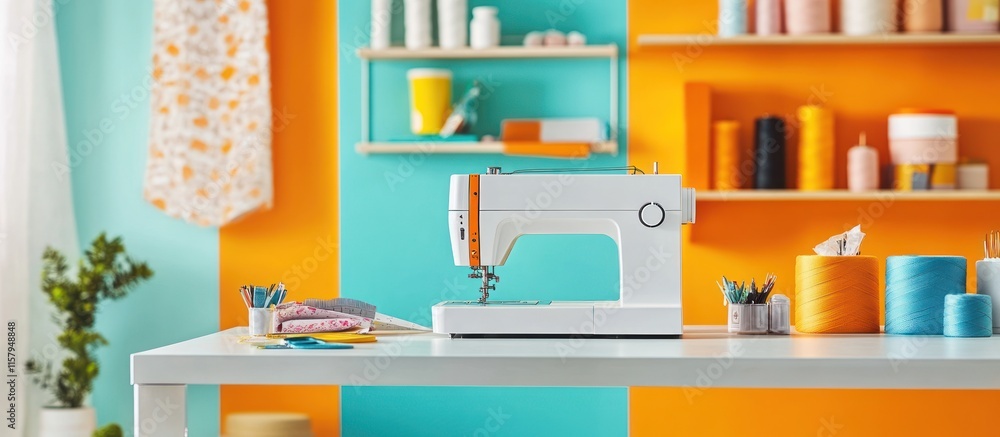 Modern sewing machine in a bright and colorful craft room, neat shelves with materials, Modern sewing machine in a bright and colorful craft room, neat shelves with materials,