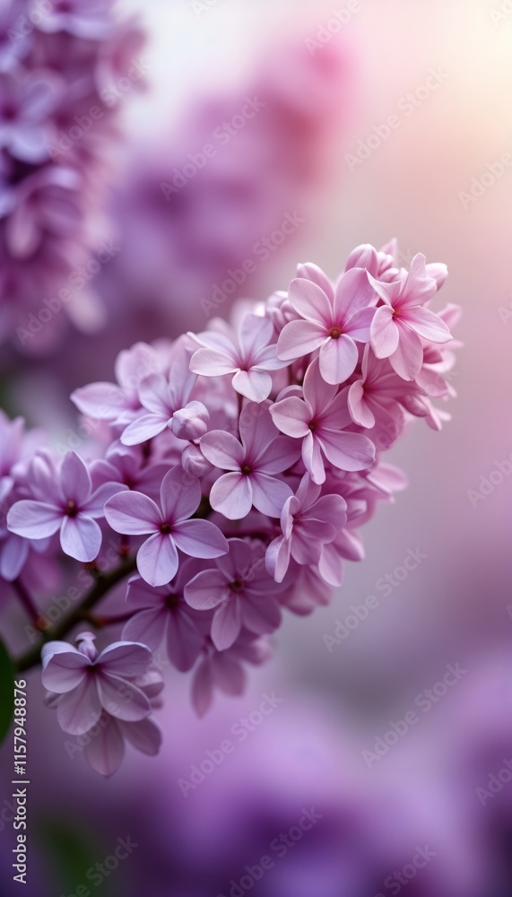 Fototapeta premium Close-up view of delicate purple lilac blossoms in spring. Soft focus on flowers. Blurred background of lilac blossoms. Beautiful natural springtime scene. Lilacs gentle color. Vibrant, fresh spring