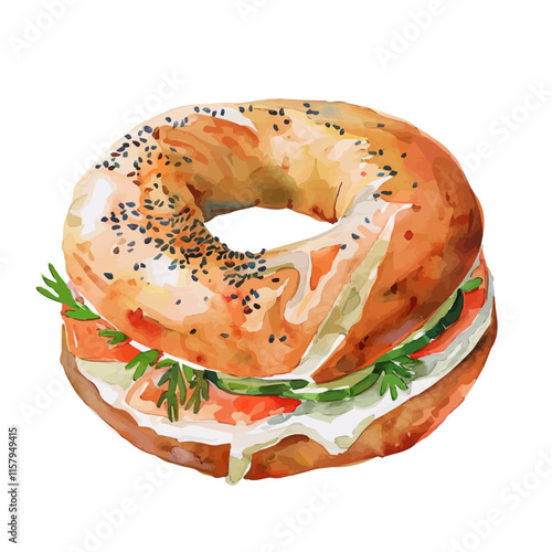 A watercolor vector painting of American bagel with cream cheese and smoked salmon, isolated on a white background. American bagel vector.

