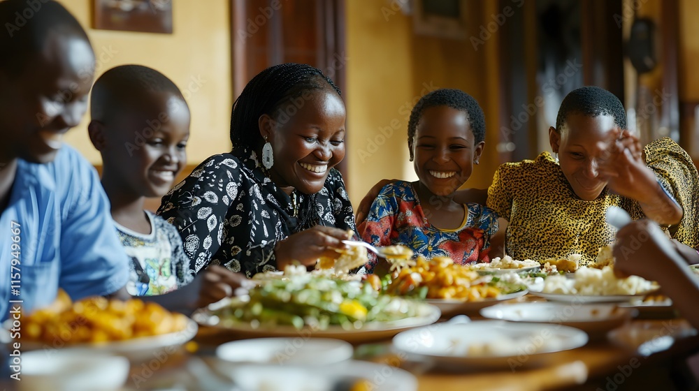 Family members exchanging grateful smiles as they enjoy a shared meal without distractions Family members exchanging grateful smiles as they enjoy a shared meal without distractions
