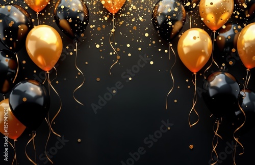 Black, gold balloons float in air with gold confetti on dark background. Festive decorations create party atmosphere. Ideal for celebration like birthday anniversary. Stylish design for luxury event photo