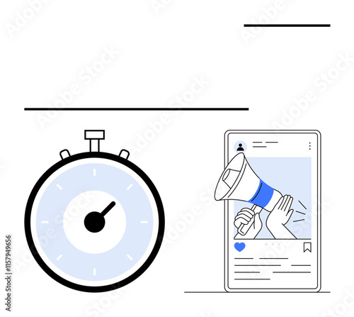 Stopwatch symbol smartphone screen with megaphone post alert icons. Ideal for marketing, promotion, social media, urgency, campaigns, online engagement, time management. Line metaphor