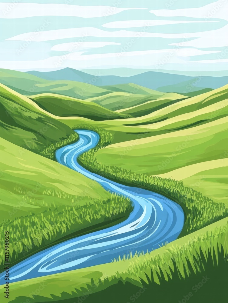 Lush green hills with a flowing river winding through serene landscape in a naive art style adding peaceful vibes. Generative AI Lush green hills with a flowing river winding through serene landscape in a naive art style adding peaceful vibes. Generative AI