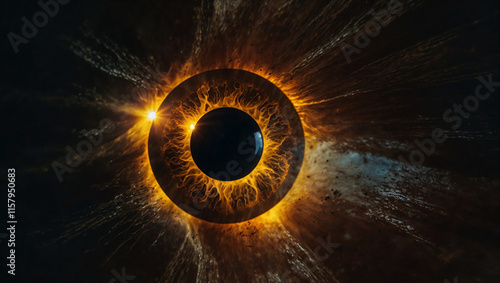 A hyper-detailed eye reflecting a glowing solar eclipse in the iris, highlighting awe-inspiring natural phenomena and cosmic wonder.