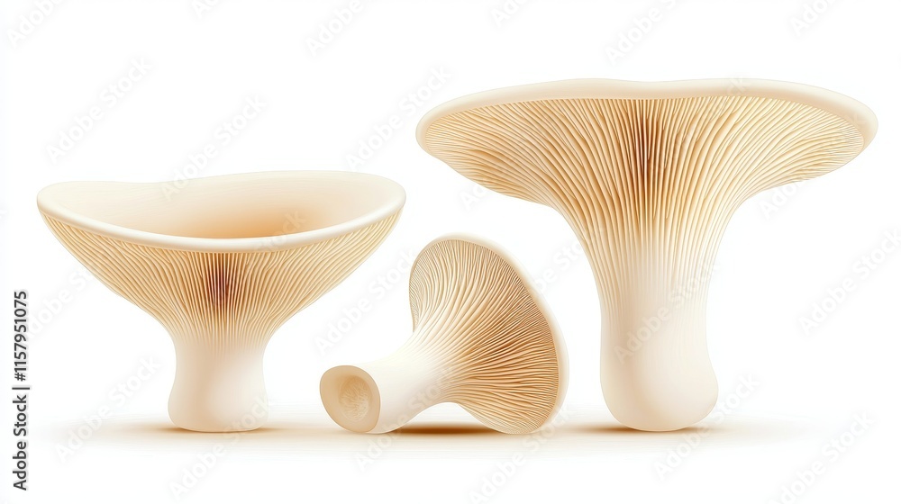 Dynamic composition of three champignon mushrooms, organic arrangement, realistic details, isolated on white background Dynamic composition of three champignon mushrooms, organic arrangement, realistic details, isolated on white background