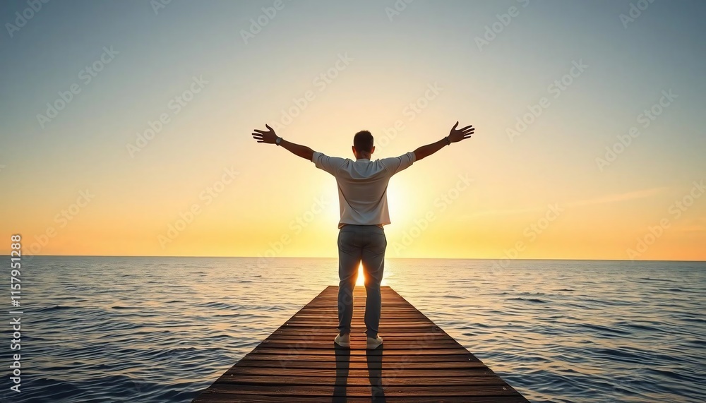 Fototapeta premium Man on Wooden Pier Welcoming Sunrise Ocean View Peaceful Serenity