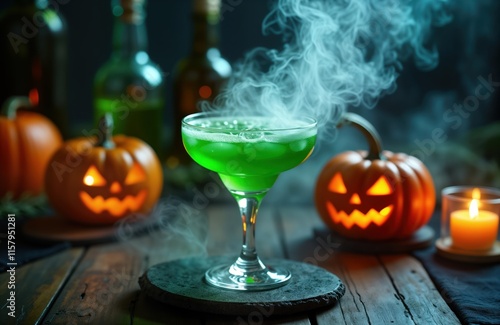 Spooky green Halloween cocktail with smoke. Halloween drink on dark wooden table. Jack-o-lantern pumpkins, candles create eerie atmosphere. Festive seasonal beverage. Party drink. Mysterious, photo