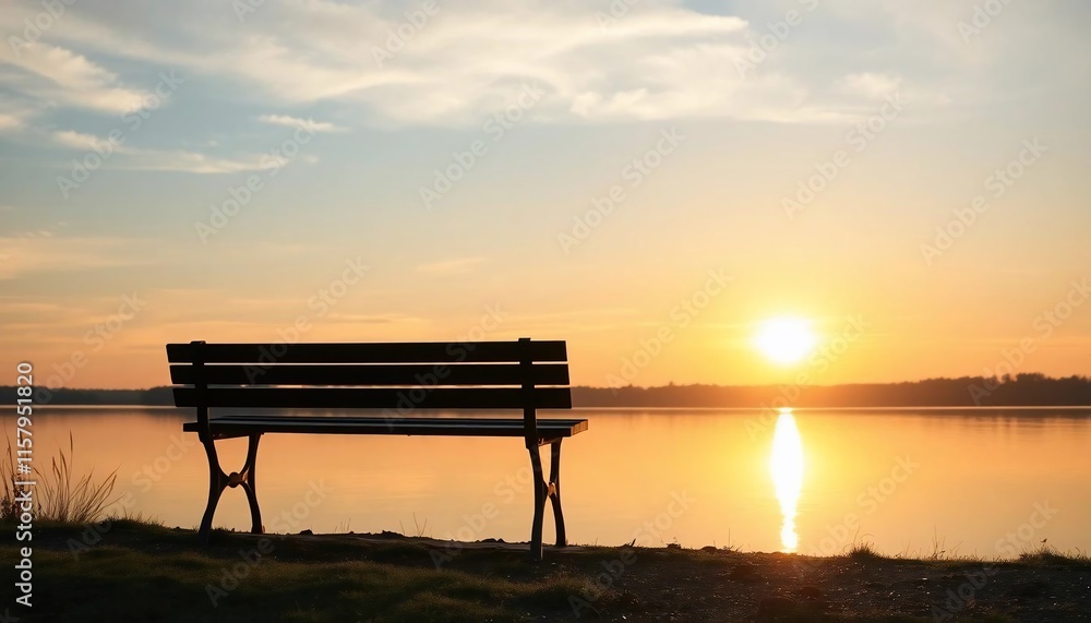 Serene Sunset Lake Bench Peaceful Nature Scene Serene Sunset Lake Bench Peaceful Nature Scene