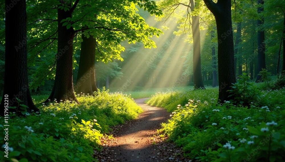Obraz premium A winding forest trail bathed in soft sunlight, greenery, forest trail