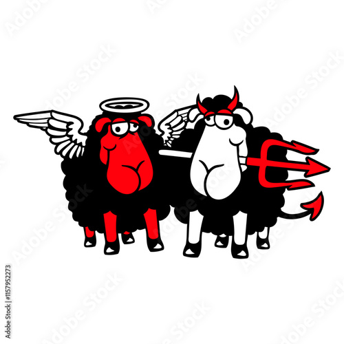 2 Sheep Angel Devil Satan Hell Evil Heaven Good Design Lover Art Vector Illustration Card T-Shirt Poster Sticker Graphic Print Decorative Drawing Isolated Logo Decoration Symbol Creative Cool Style
