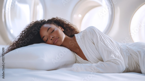 Afro woman sleeping comfortably on white bed in luxury hotel