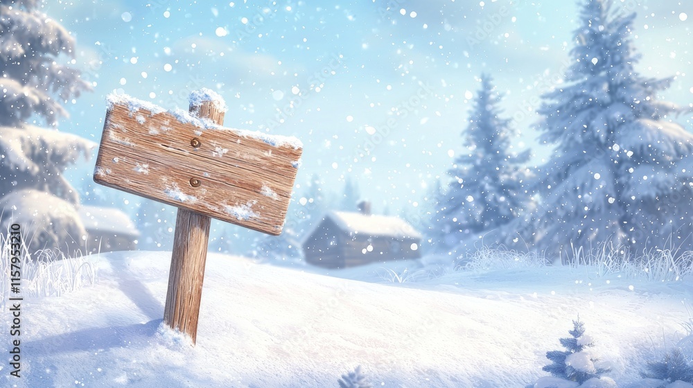 Fototapeta premium Snow-Covered Wooden Signpost in a Wintery Forest Landscape