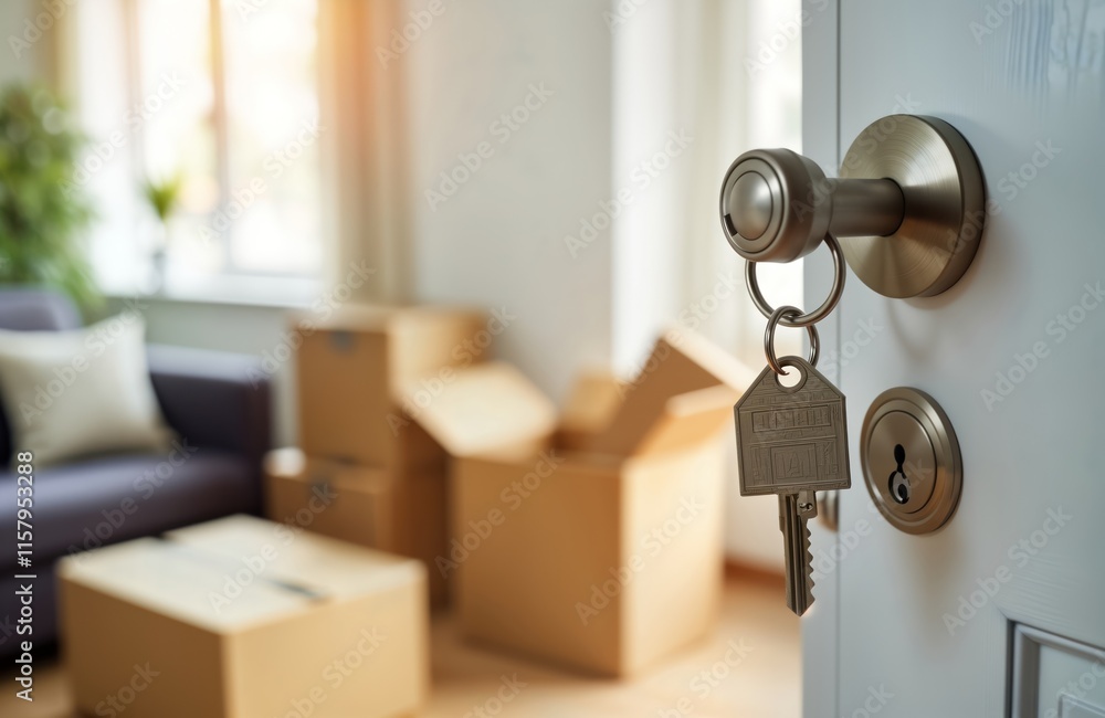 New home keys inserted in door. Room full of cardboard boxes. Relocation in progress. Couple moving into new apartment condo. Hold hands. Couple looks happy, excited about new life together. Great