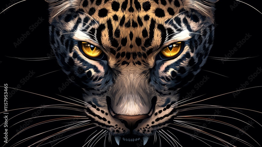 Obraz premium Portrait of leopard with detailed fur patterns and sharp whiskers, against deep black, digital art highlighting its predatory presence
