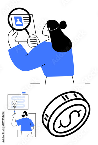 Person examining document with magnifying glass, presentation board with light bulb and maze, and dollar coin. Ideal for analysis, research, presentations, finances, ideas, brainstorming business