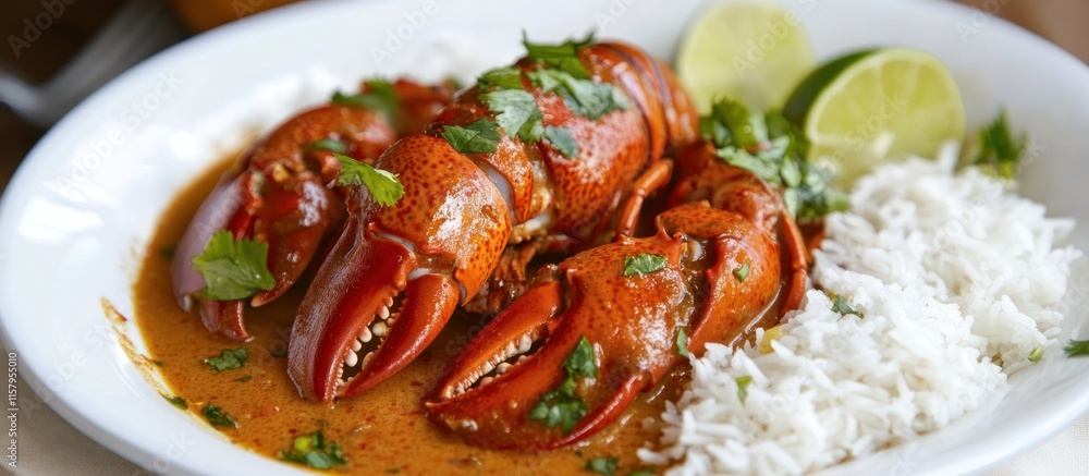 Lobster curry served with jasmine rice, garnished with cilantro and lime wedges Lobster curry served with jasmine rice, garnished with cilantro and lime wedges