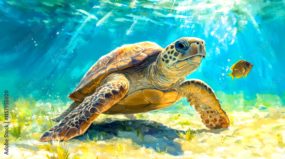 Obraz premium Sea turtle swimming in the ocean with cleaning fish