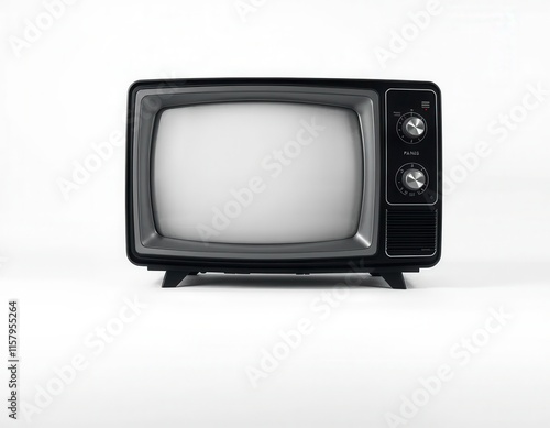classic vintage television set, displaying a black-and-white show, isolated on white background, evoking nostalgia.