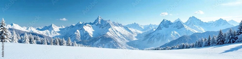 Obraz premium Snowflake covered winter landscape with blue sky and mountains in the background, serene, mountains, landscape